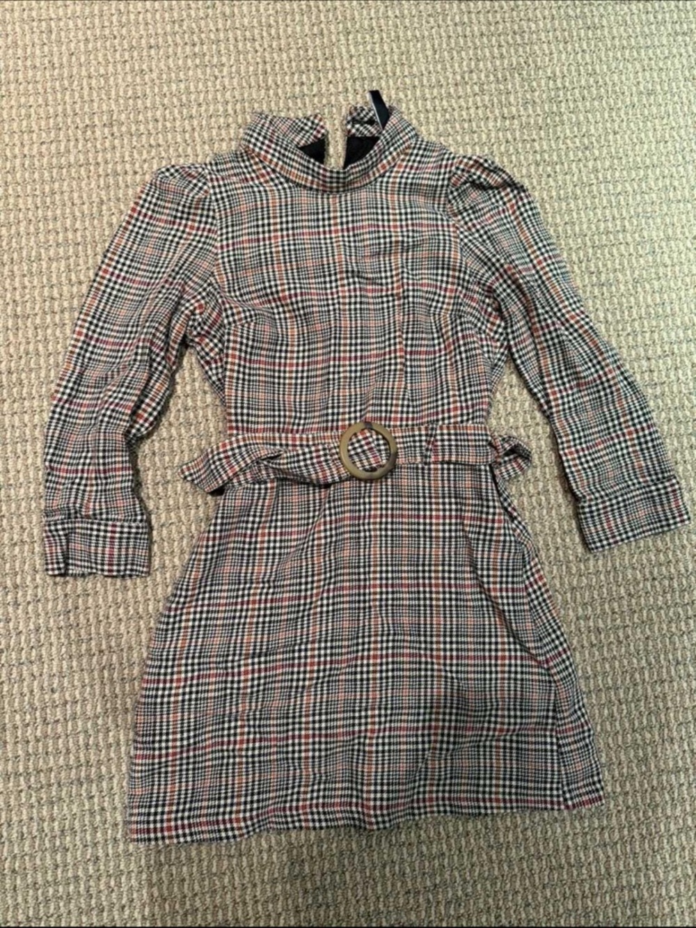 Zara Plaid Belted Long-Sleeve Plaid Dress